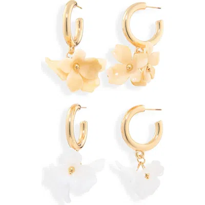 Natasha Set Of 2 Flower Petal Drop Hoop Earrings In Neutral/ White