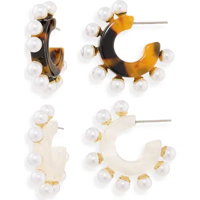 Natasha Set Of 2 Imitation Pearl C-hoop Earrings In White/ Tort
