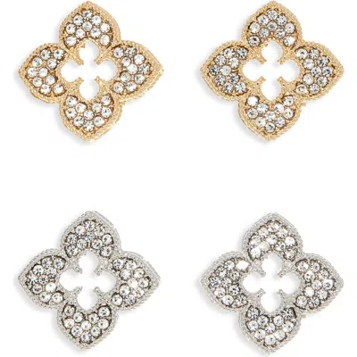 Natasha Set Of 2 Pavé Crystal Clover Stud Earrings In Metallic