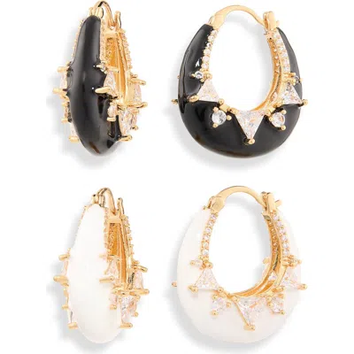 Natasha Set Of 2 Zircon Hoop Earrings In Cream/ Black