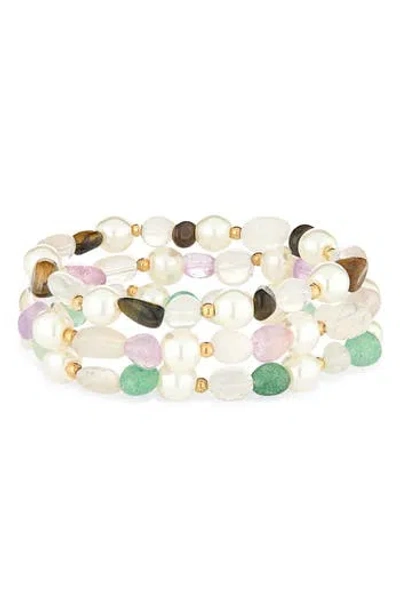 Natasha Set Of 3 Faux Pearl Beaded Stretch Bracelets In Gold