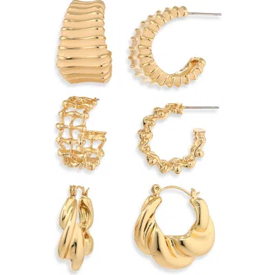 Natasha Set Of 3 Textured Hoop Earrings In Gold