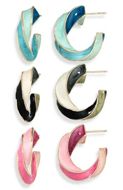 Natasha Set Of 3 Twisted Hoop Earrings In Multi