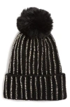 Natasha Stone Embellished Pompom Beanie In Black