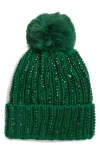 Natasha Stone Embellished Pompom Beanie In Green