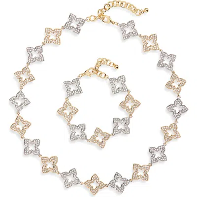 Natasha Two-tone Pavé Crystal Flower Necklace & Bracelet Set In Red