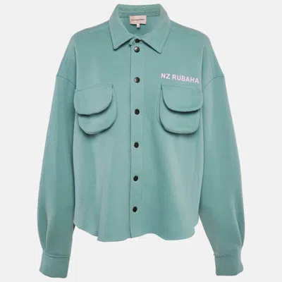 Natasha Zinko Blue Cotton Blend Knit Button Front Jacket In Green