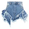 Natasha Zinko Blue Washed Frayed Layered Hem Mini High Waist Shorts Xs In Blue