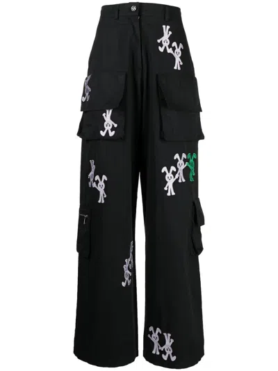 Natasha Zinko Bunny-embroidered Cargo Trousers In Black