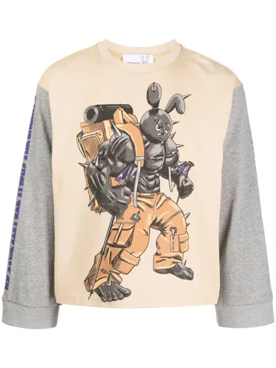 Natasha Zinko Camping Bunny Contrast-sleeve T-shirt In Neutrals