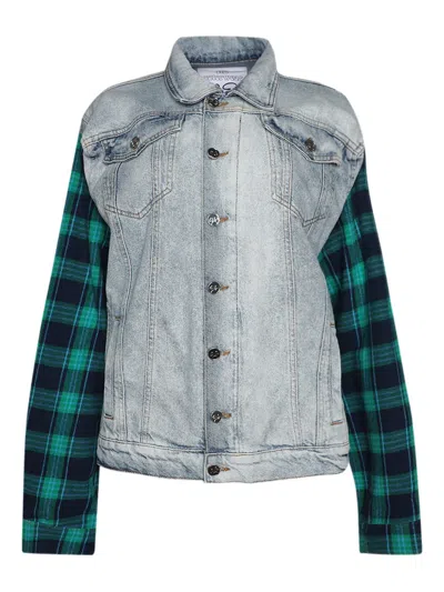 Natasha Zinko Check Sleeve Denim Jacket In Blue