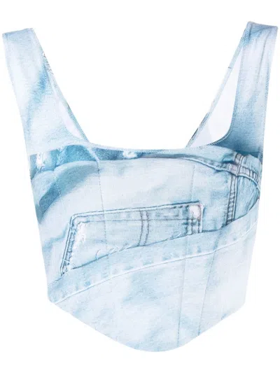 Natasha Zinko Denim-print Corset Top In Blue