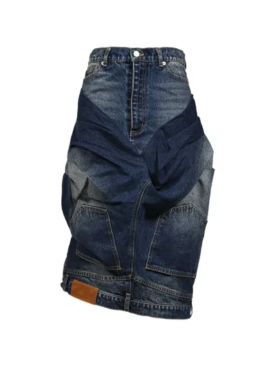 Natasha Zinko Double Layered Denim Midi Skirt In Blue