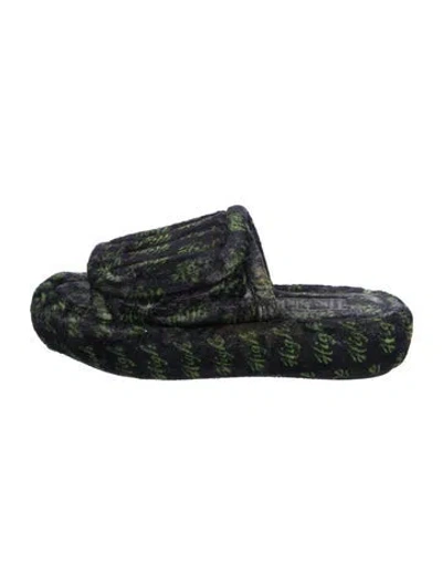 Pre-owned Natasha Zinko Faux Fur Printed Slides In Green