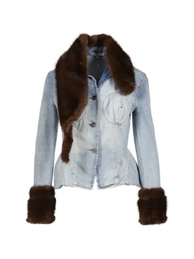 Natasha Zinko Faux-fur Trim Denim Jacket In Blue