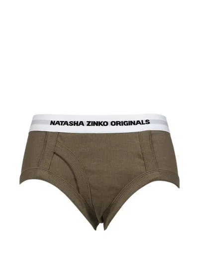 Natasha Zinko Ribbed-knit Logo-waistband Briefs In Brown