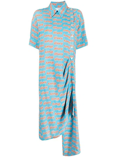 Natasha Zinko Slogan-print Asymmetric Shirt Dress In Blue