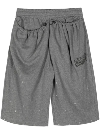 Natasha Zinko Slogan-print Distressed Cotton Track Shorts In Grey