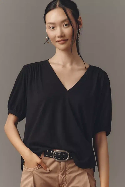 Nation Los Angeles Edie Shirred Elbow-sleeve V-neck Tee In Black