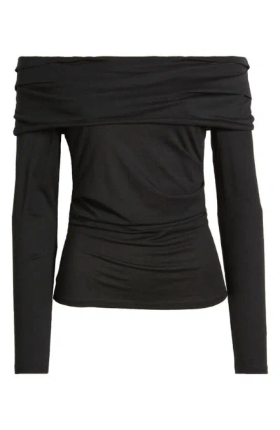 Nation Ltd Abana Drape Off The Shoulder Long Sleeve Pima Cotton Blend Top In Jet Black