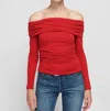 Nation Ltd Abana Drape Off The Shoulder Long Sleeve Pima Cotton Blend Top In Red