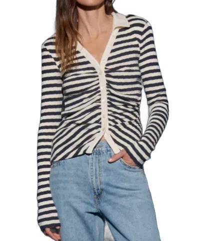 Nation Ltd Ami Henley Long Sleeve Top In Pointelle Stripe In Blue