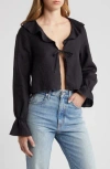 Nation Ltd Camila Ruffle Tie Front Linen Top In Jet Black