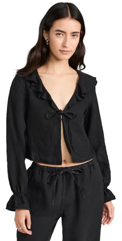 Nation Ltd Camila Ruffle Tie Front Linen Top In Jet Black