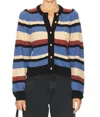 Nation Ltd Carmela Crewneck Cardigan In Velour Multi Stripe In Blue