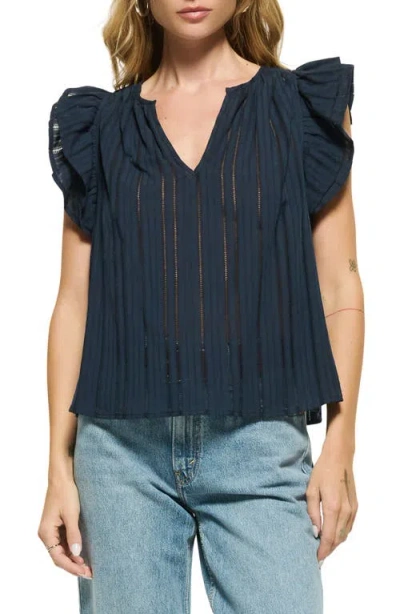 Nation Ltd Claudia Ladder Stitch Inset Ruffle Shoulder Cotton Top In Black
