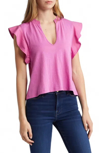 Nation Ltd Constance Flutter Sleeve Split Neck Top In Rosebud