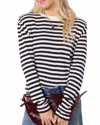 Nation Ltd Long Sleeve Envelope Neck Top In Pointelle Stripe In Black