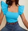 NATION LTD MISTY OPEN BACK RUFFLE TANK TOP IN BRIGHT BLUE