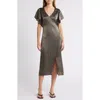 Nation Ltd Pamela Flutter Sleeve Satin Midi Dress In Graphite Foil