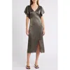 Nation Ltd Pamela Flutter Sleeve Satin Midi Dress In Graphite Foil