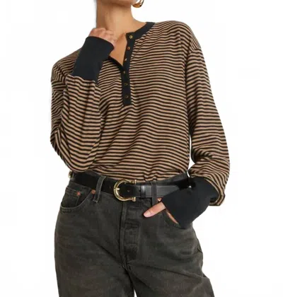 Nation Ltd Victoria Henley Long Sleeve Sweater In Cocoa Stripe In Multi