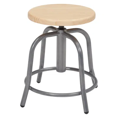 National Public Seating Nps 19" - 25" Height Adjustable Swivel Stool, Wooden Seat And Grey Frame