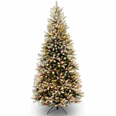 National Tree Co . Dunhill Fir Slim Hinged 7 1/2 Foot Pre-lit Flocked Fir Christmas Tree In Green