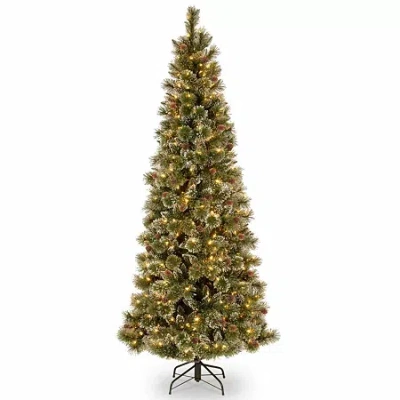 National Tree Co . Glittery Bristle Slim Pine 7 1/2 Foot Pre-lit Flocked Pine Christmas Tree In Green