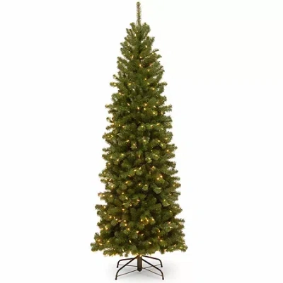 National Tree Co . North Valley Spruce Pencil Slim Hinged 7 1/2 Foot Pre-lit Spruce Christmas Tree In Green