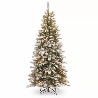 National Tree Co . Snowy Mountain Pine Slim 7 1/2 Foot Pre-lit Flocked Christmas Tree In Green