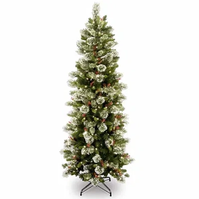 National Tree Co . Wintry Pine Slim 7 1/2 Foot Pre-lit Flocked Pine Christmas Tree In Green
