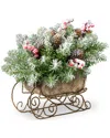 National Tree Company 10in Dunhill Fir Sleigh With Snow, 5 Red Berries And 6 Cones