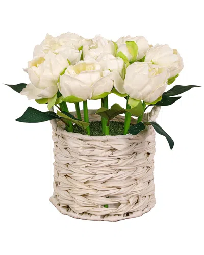 National Tree Company 10in White Peony Flower Bouquet In White Basket