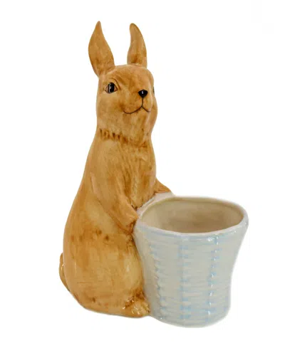 National Tree Company 11" Ceramic Bunny With White Basket In Brown