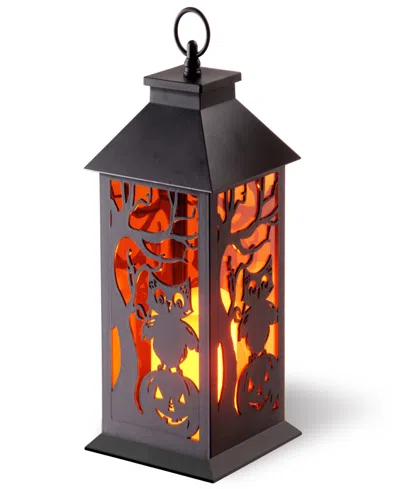 National Tree Company 12" Halloween Lantern With Led Lights, Carved Images Of Owls, Pumpkins, Leafless Trees In Black