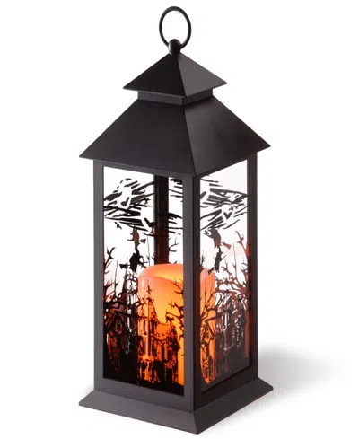National Tree Company 12" Halloween Lantern With Led Lights, Carved Images Of Witches, Haunted House In Black