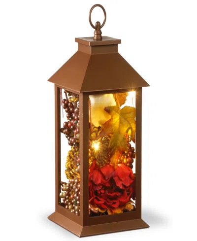 National Tree Company 12" Harvest Lantern With Led Lights, Filled With Pumpkins, Leaves, Flowers, Berry Clusters, 12 Inche In Brown