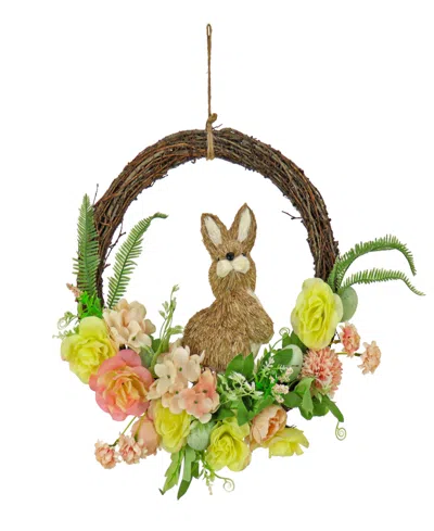 National Tree Company 16" Bunny And Rose Flowers Wreath In Brown
