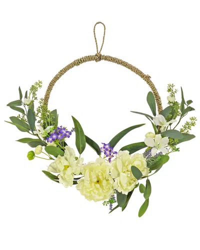 National Tree Company 18in Spring Peony And Mini Blossoms Hoop Wreath In Cream